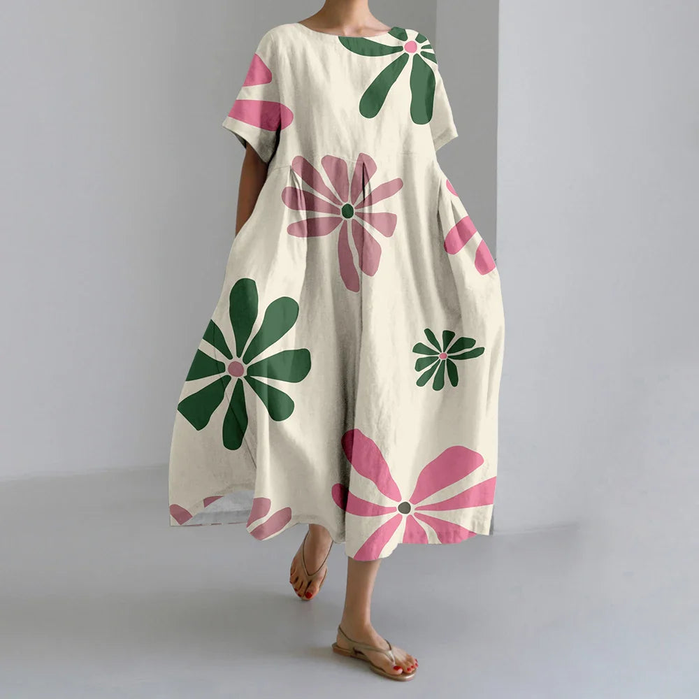 LD | New Summer Women's Dresses Elegant Round Neck Short Sleeves Long Pink Dotted Irregular Printed Comfortable Midi Dresses