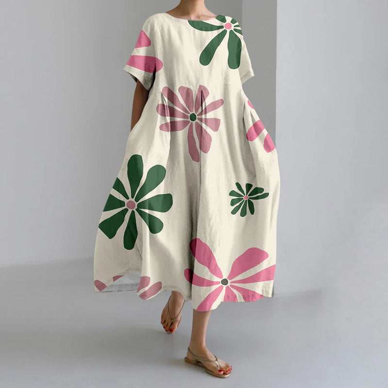 LD | New Summer Women's Dresses Elegant Round Neck Short Sleeves Long Pink Dotted Irregular Printed Comfortable Midi Dresses