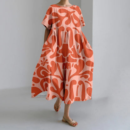 LD | New Summer Women's Dresses Elegant Round Neck Short Sleeves Long Pink Dotted Irregular Printed Comfortable Midi Dresses