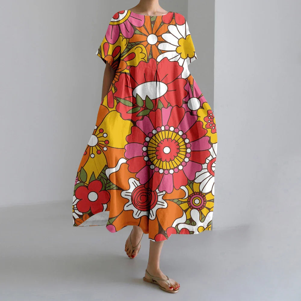 LD | New Summer Women's Dresses Elegant Round Neck Short Sleeves Long Pink Dotted Irregular Printed Comfortable Midi Dresses