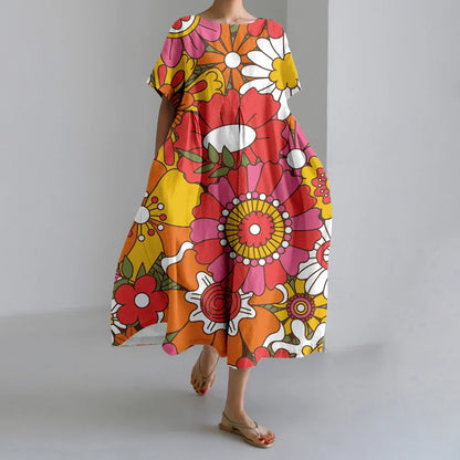 LD | New Summer Women's Dresses Elegant Round Neck Short Sleeves Long Pink Dotted Irregular Printed Comfortable Midi Dresses