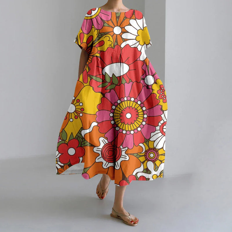 LD | New Summer Women's Dresses Elegant Round Neck Short Sleeves Long Pink Dotted Irregular Printed Comfortable Midi Dresses