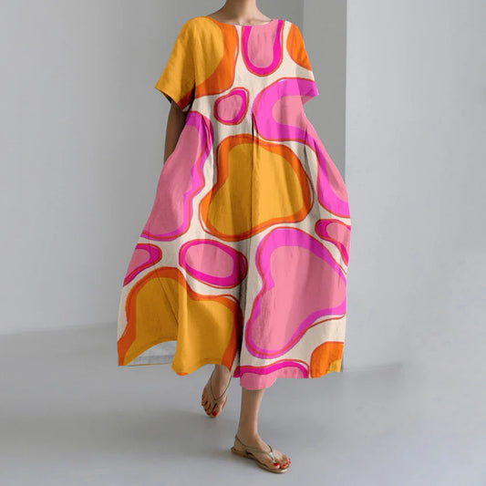 LD | New Summer Women's Dresses Elegant Round Neck Short Sleeves Long Pink Dotted Irregular Printed Comfortable Midi Dresses