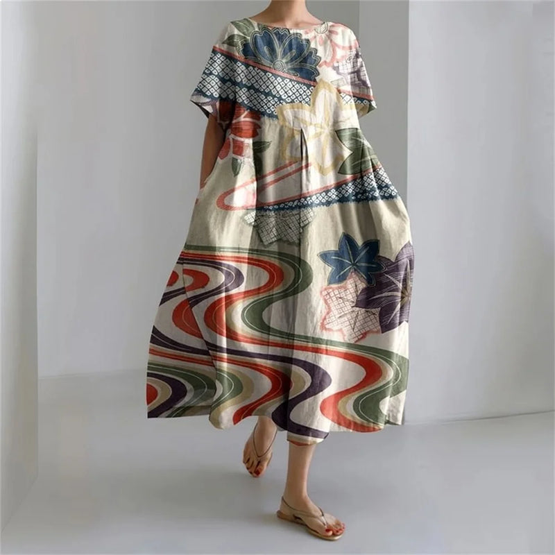 LD | Plus-Size Loose Fit Zomerjurk met Zak & O-Hals Elegante Zomer Maxi Dress