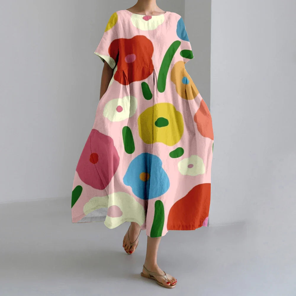 LD | New Summer Women's Dresses Elegant Round Neck Short Sleeves Long Pink Dotted Irregular Printed Comfortable Midi Dresses