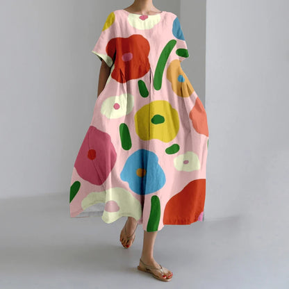 LD | New Summer Women's Dresses Elegant Round Neck Short Sleeves Long Pink Dotted Irregular Printed Comfortable Midi Dresses