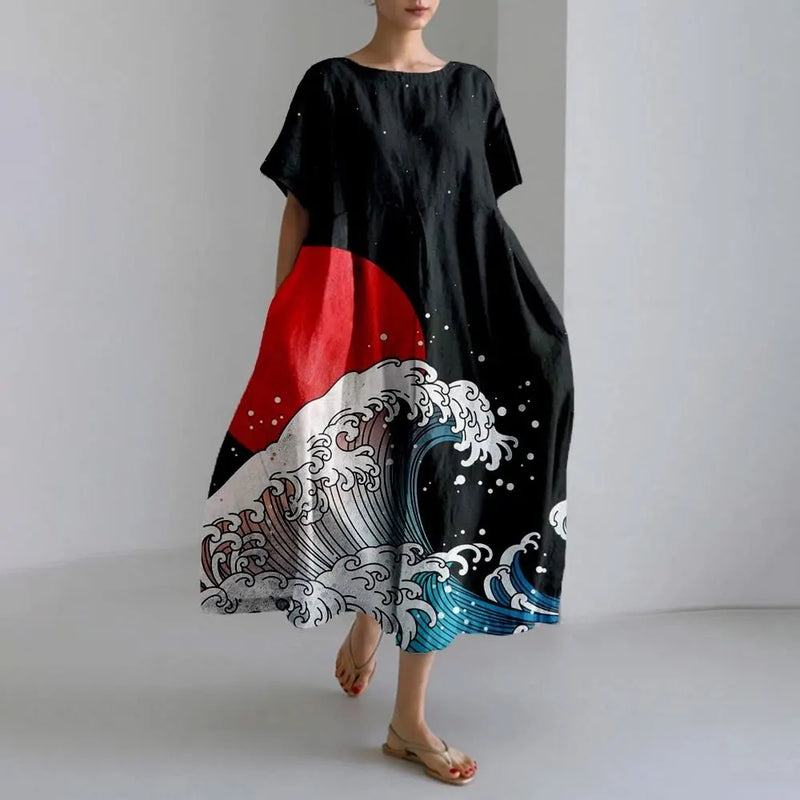 LD | Plus-Size Loose Fit Zomerjurk met Zak & O-Hals Elegante Zomer Maxi Dress