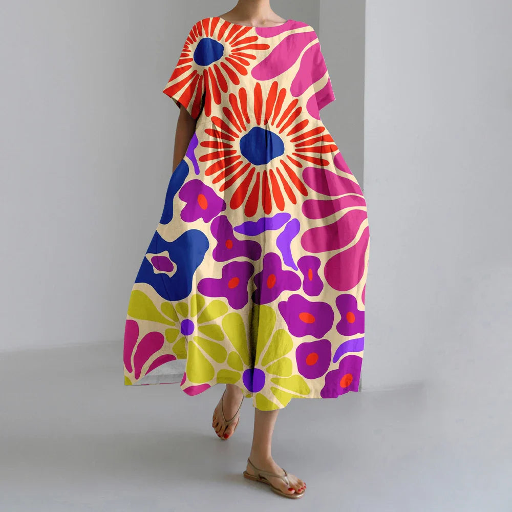 LD | New Summer Women's Dresses Elegant Round Neck Short Sleeves Long Pink Dotted Irregular Printed Comfortable Midi Dresses