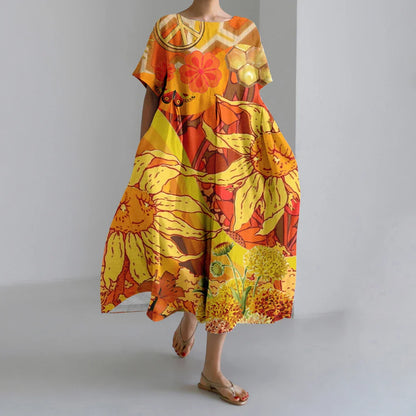 LD | New Summer Women's Dresses Elegant Round Neck Short Sleeves Long Pink Dotted Irregular Printed Comfortable Midi Dresses