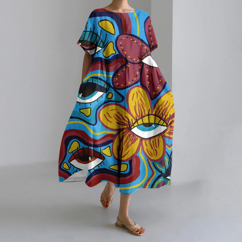 LD | New Summer Women's Dresses Elegant Round Neck Short Sleeves Long Pink Dotted Irregular Printed Comfortable Midi Dresses