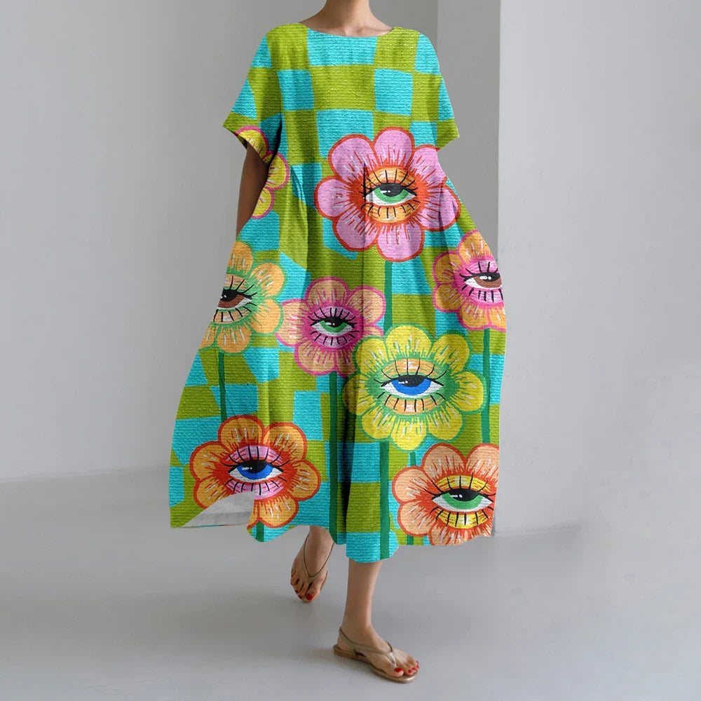 LD | New Summer Women's Dresses Elegant Round Neck Short Sleeves Long Pink Dotted Irregular Printed Comfortable Midi Dresses