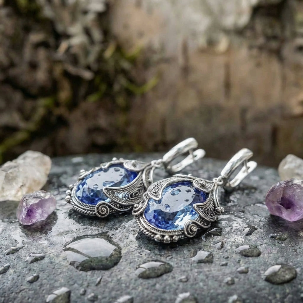 Silver Color Inlaid Blue Stone Earrings