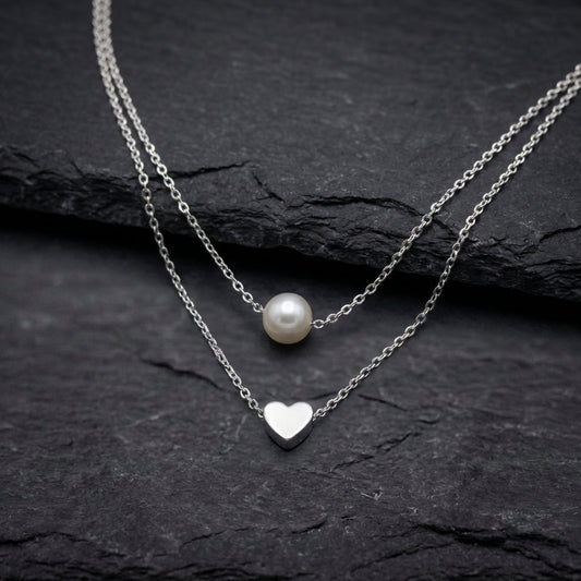 Silver Heart And Pearl Necklace