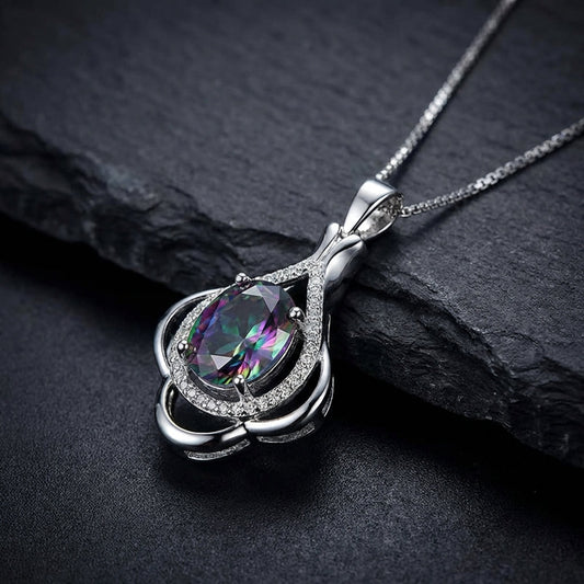 Silver Multicolor Gem Pendant Necklace
