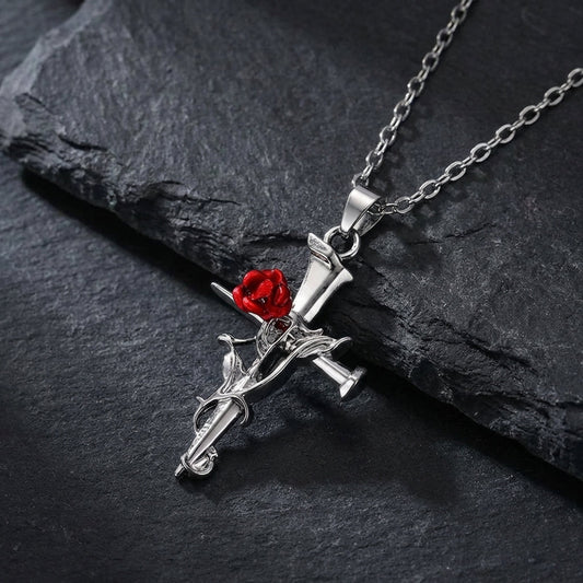 Silver Religious Cross & Rose Thorn Necklace