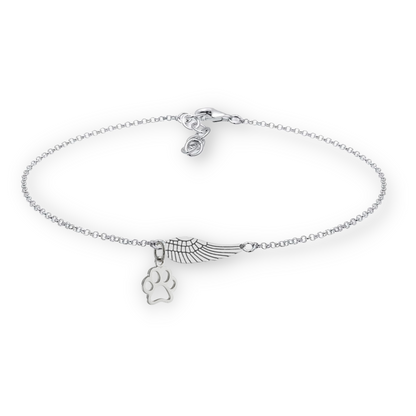 Silver Memorial Bracelet With Angel Wing & Paw Print | Handmade