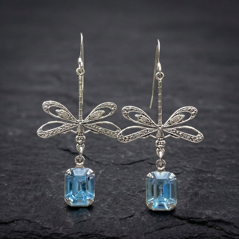 Vintage Dragonfly Blue Stone Dangle Earrings