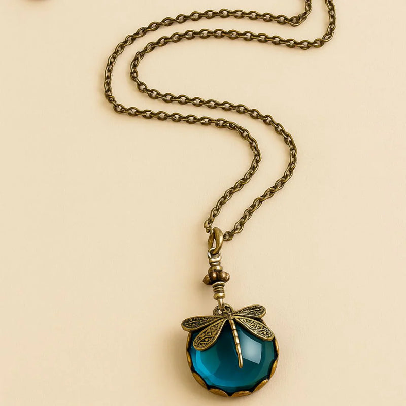 Vintage Dragonfly Teal Crystal Necklace