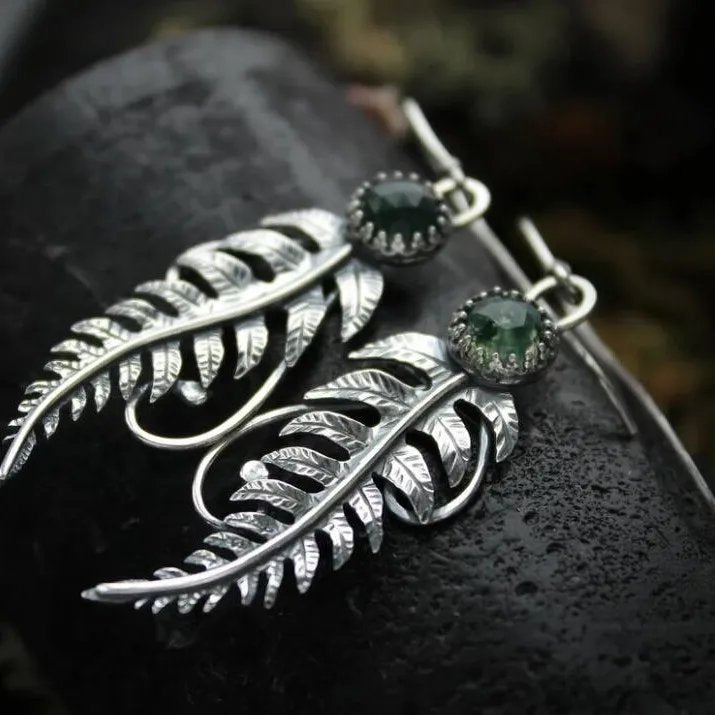 Vintage Feather Green Stone Earrings
