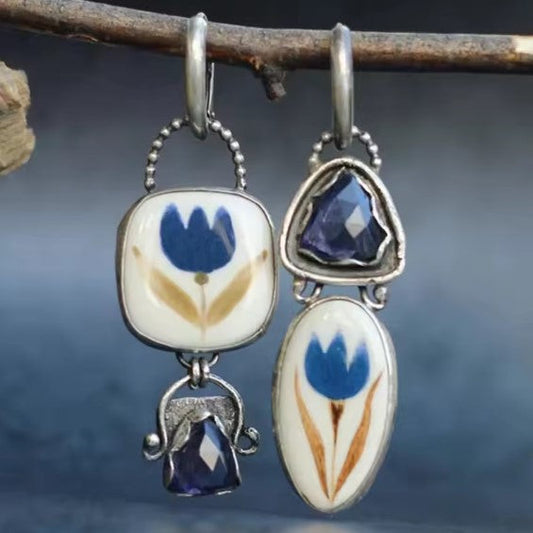 Vintage Flower Carving Blue Stone Dangle Silver