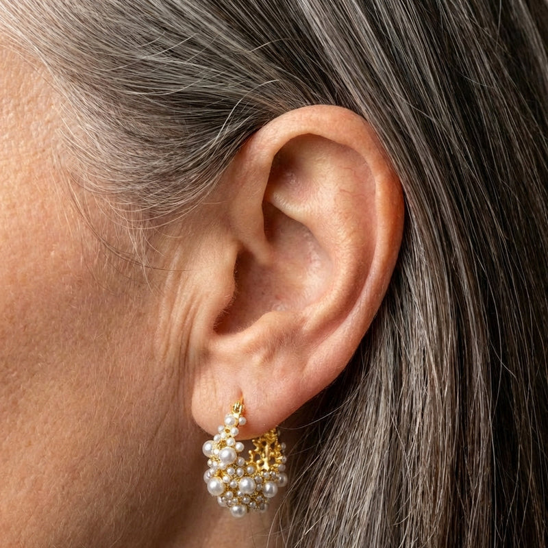 Gold Pearl Cluster Design Hoop Earrings