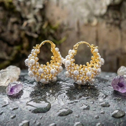 Vintage Gold Pearl Cluster Design Hoop Earrings