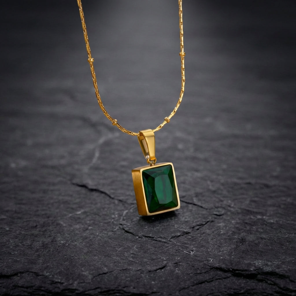 Vintage Green Cubic Zirconic Square Necklace