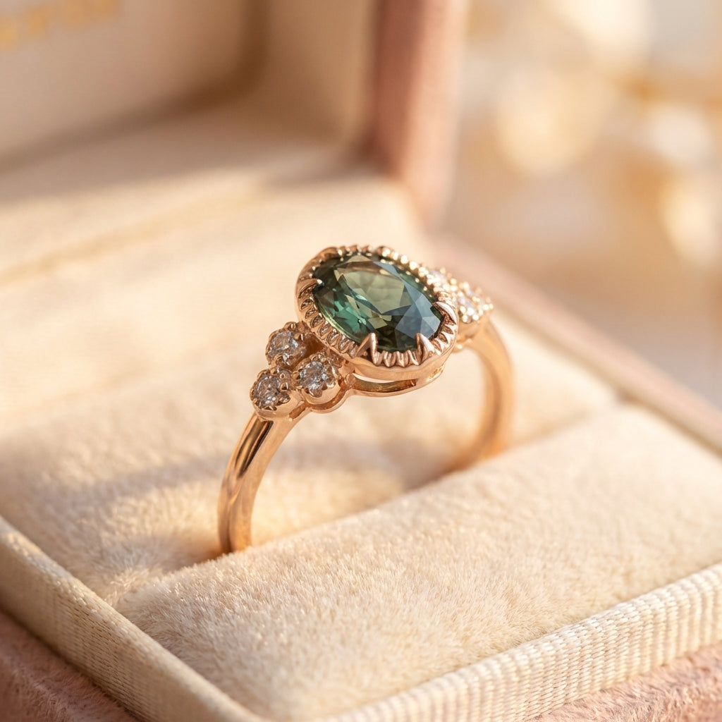 Vintage Green Inlaid Glass Gold Ring