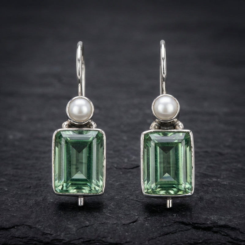Vintage Green Stone Inlaid Pearl Earrings