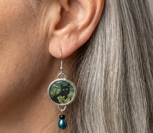 Round Black Cat Earrings