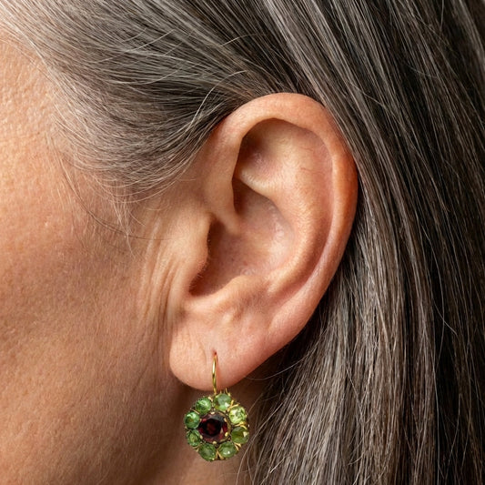 A Rounded Green & Red Crystal Earring Set