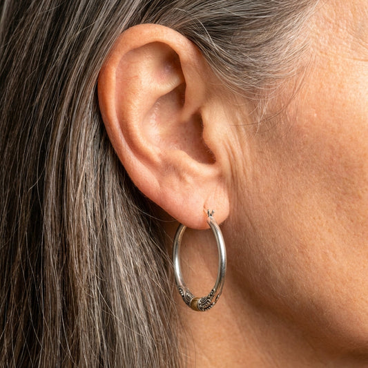 Silver Carved Pattern Hoop Earrings