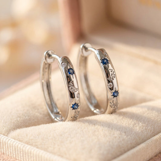 Vintage Silver Carving Sun And Moon Hoop Earrings