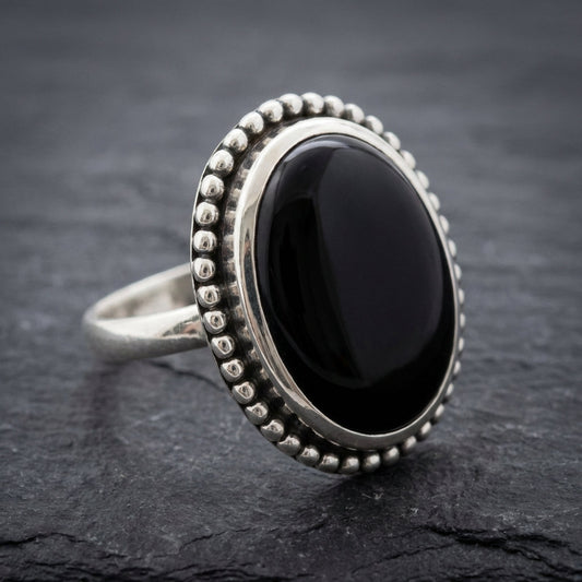 Vintage Silver Color Oval Black Stone Ring