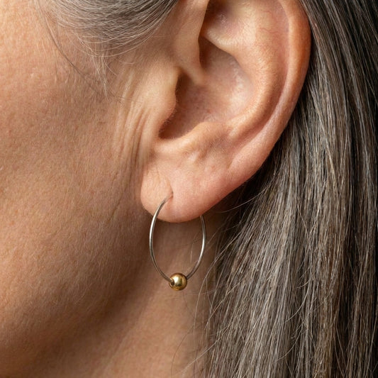 Silver Hoop Golden Pearl Earrings