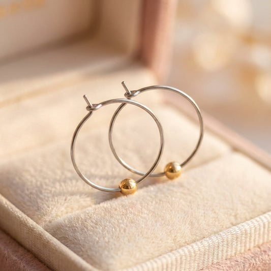 Vintage Silver Hoop Golden Pearl Earrings