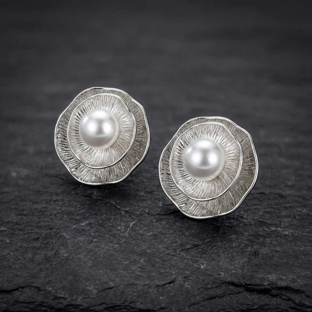 Vintage Silver Petal Pearl Stud Earrings