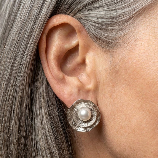Silver Petal Pearl Stud Earrings