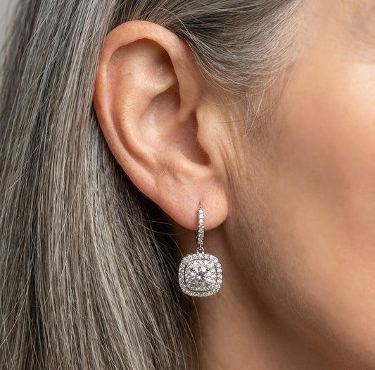 Silver Square White Stone Dangle Earrings