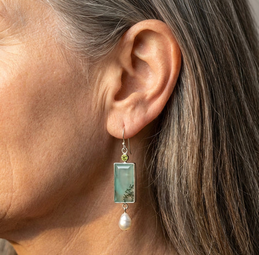 Square Green Opal Stone Dangle Earrings