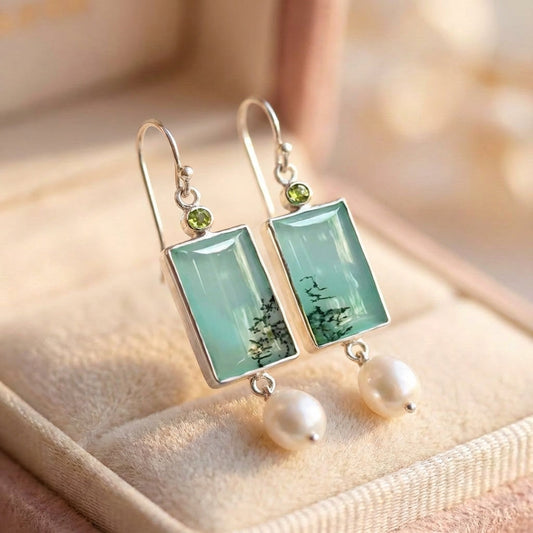 Vintage Square Green Opal Stone Dangle Earrings