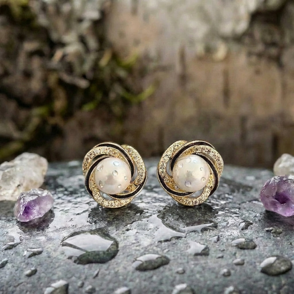 Vintage Zircon Wrapped Flower Pearl Earrings