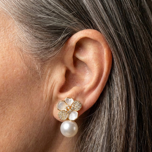 White Camellia Pearl Pendant Earrings