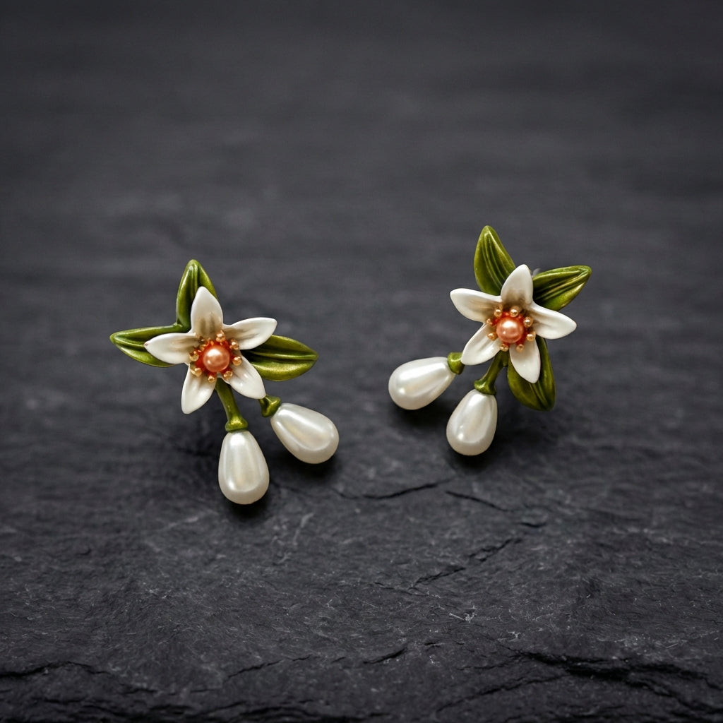 White Flower Pearl Drop Earrings