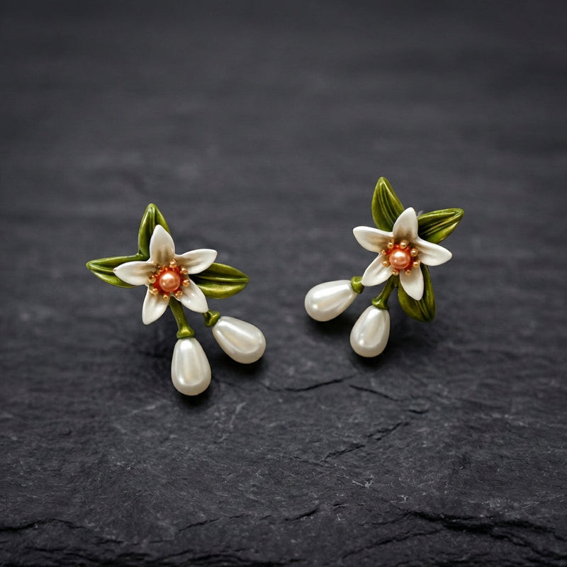 White Flower Pearl Drop Earrings