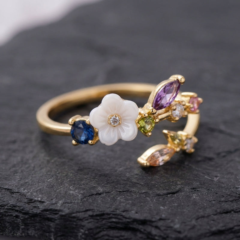 Wildflower With Colorful Zirconia Adjustable Ring In Gold