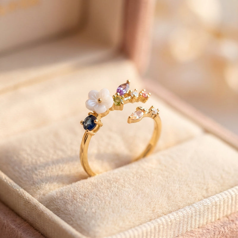 Wildflower With Colorful Zirconia Adjustable Ring In Gold