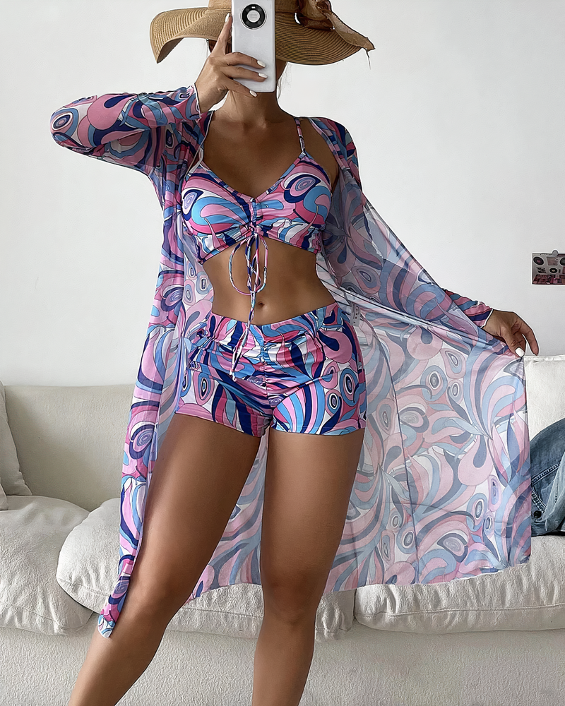 Boronia® | Printed High Waist Cover Up Bikini Set