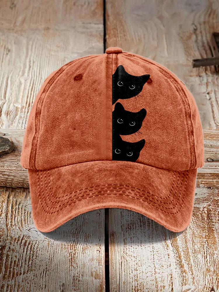 Peeking Black Cats Pattern Vintage Washed Cap elevenforest