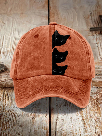 Peeking Black Cats Pattern Vintage Washed Cap elevenforest